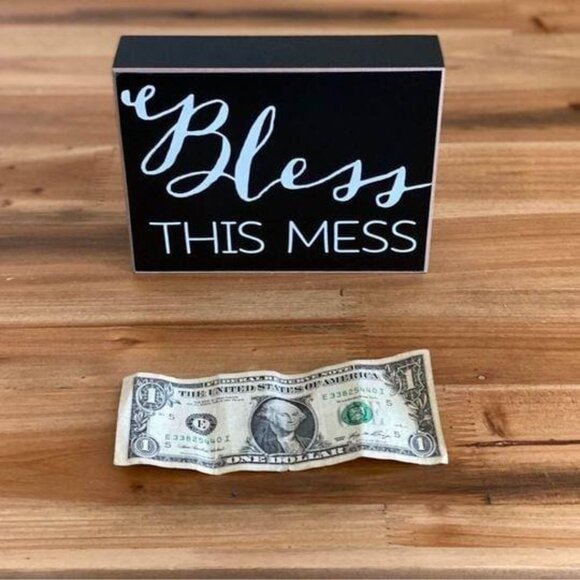 Bless this Mess home decoration block message sign black and white rustic decor - Picture 5 of 6
